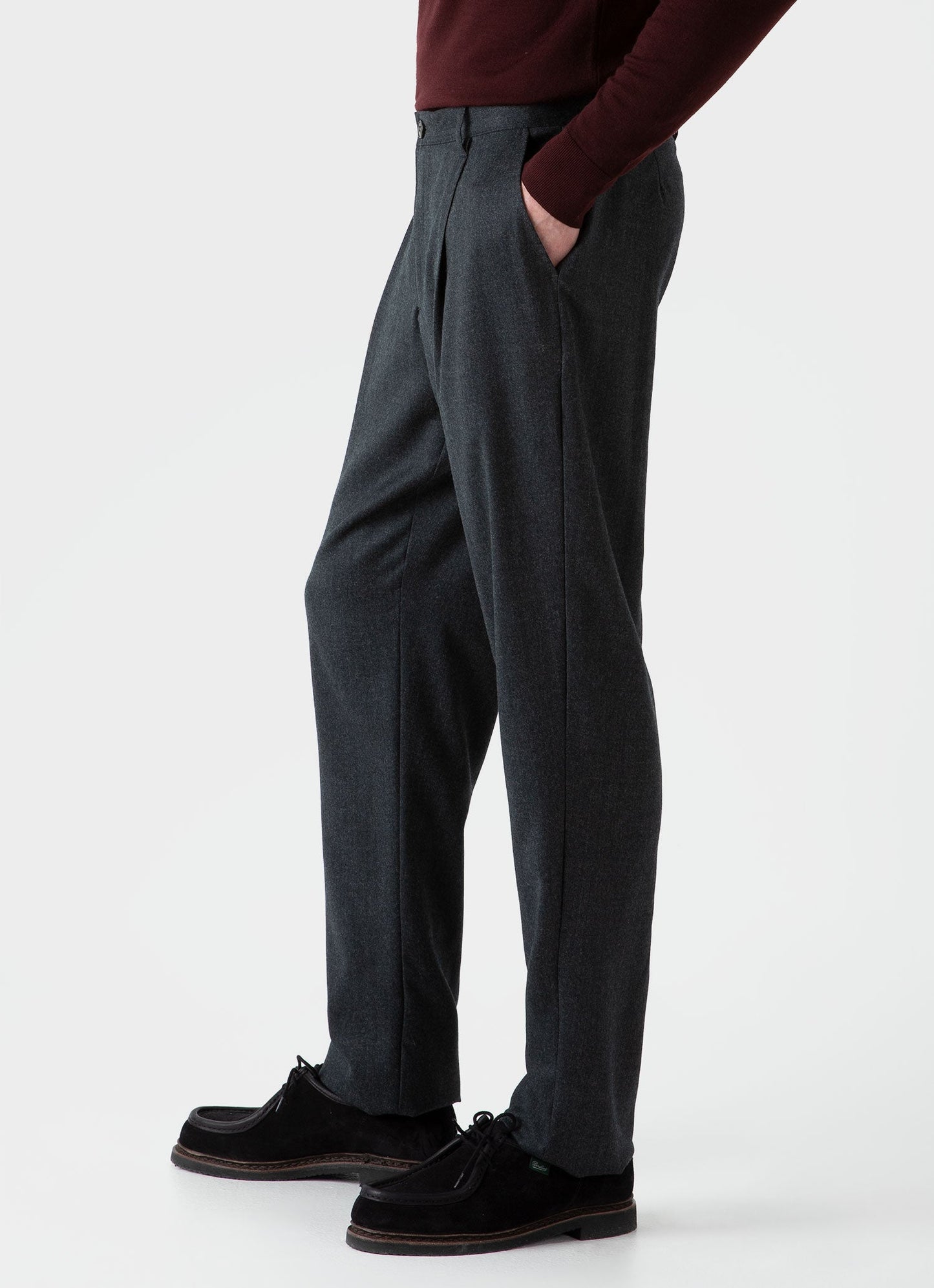 Mens Pleated Wool Flannel Trouser In Charcoal Melange Mtrs3076 Gyad