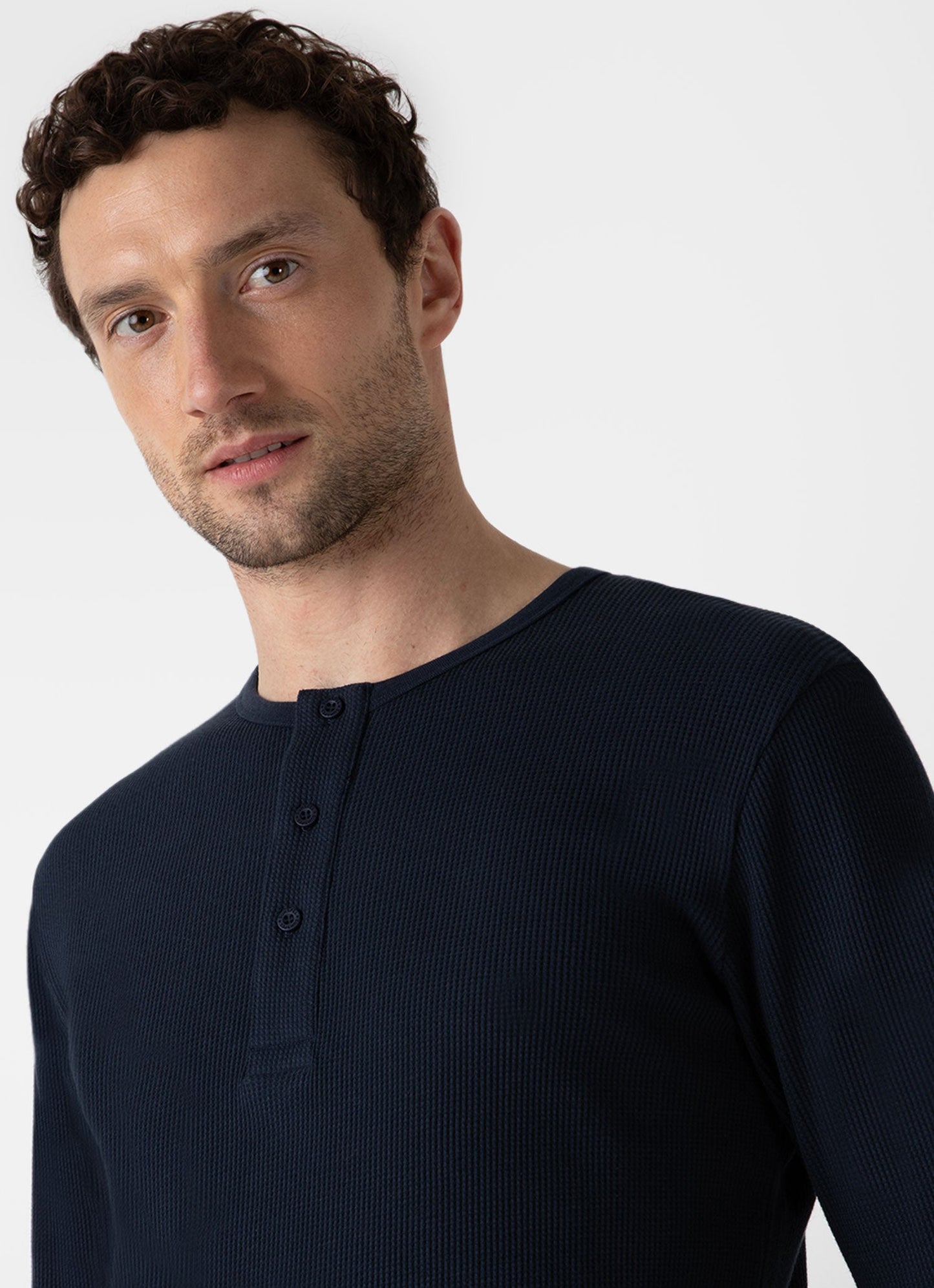 Mens Long Sleeve Waffle Henley In Navy Mtsh0162 Buaa