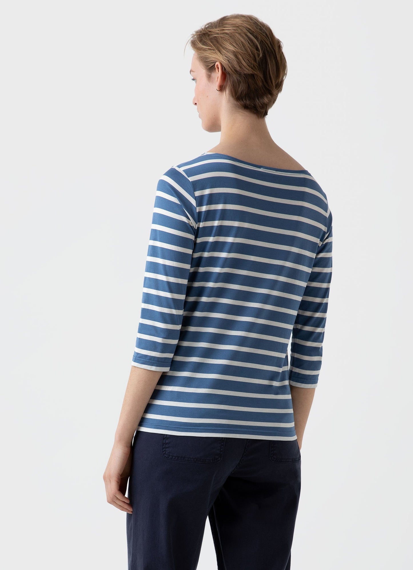Womens 3 4 Sleeve Boat Neck T Shirt In Bluestone Ecru Breton Stripe Wtsh0003Brs Stkj