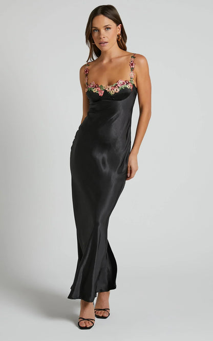 Harmony Midi Dress - Floral Detail Cup Bust Satin Dress in Black