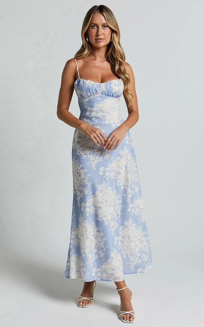 Giselli Midi Dress - Adjustable Strap Ruched Bust Dress in Blue Print