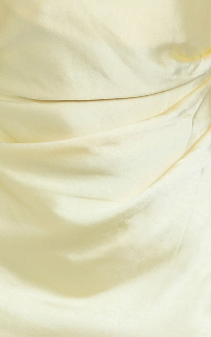 Glenda Midi Dress - Satin Strapless Side Split Dress in Lemon
