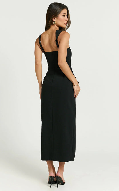 Garcia Midi Dress - Square Neck Wide Straps Fitted Wrap Skirt Dress in Black