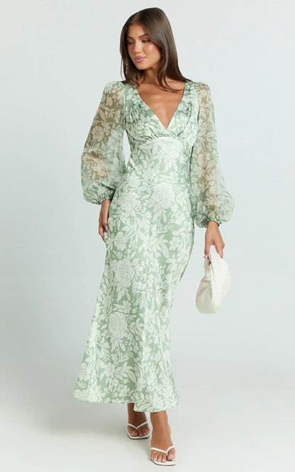 Freollyn Midi Dress - Deep V Neck Long Sleeve Dress in Sage