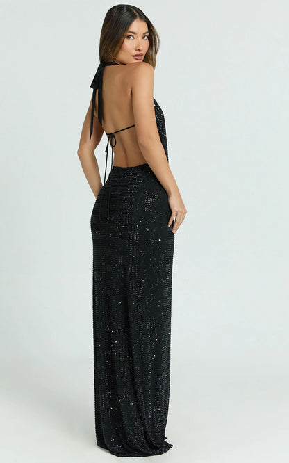 Felix Maxi Dress - Low Cowl Neck Bodycon Tie Back Dress in Black