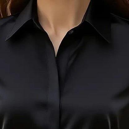 Loose Fit Satin Blouse — V-Neck Long Sleeve Tunic Top for Office & Casual Wear