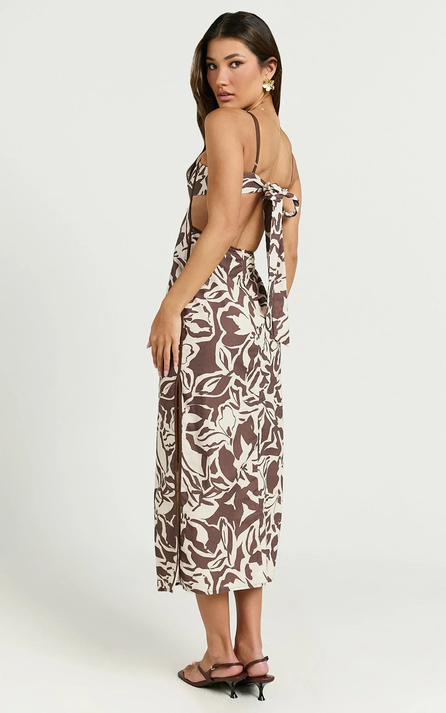 Gibson Midi Dress - Linen Scoop Neck Back Tie Dress in Tonal Stencil Floral