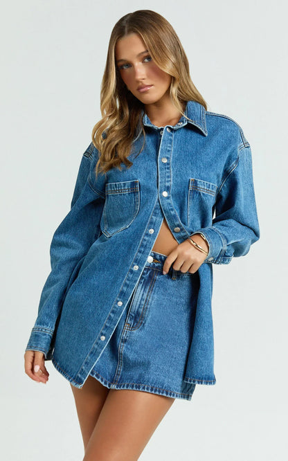 Faharra Shirt - Recycled Cotton Denim Shirt in Dark Blue Wash