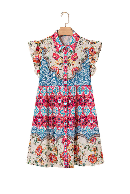 Rose Floral Mixed Pattern Ruffle Flutter Sleeve Buttoned Dress