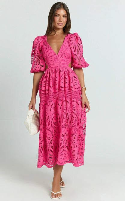 Anieshaya Midi Dress - V Neck Cut Out Lace Dress in Pink