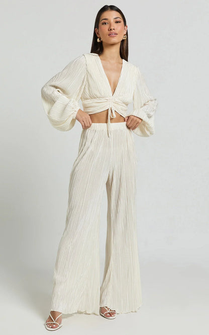 Beca Pants - High Waisted Plisse Flared Pants in Cream