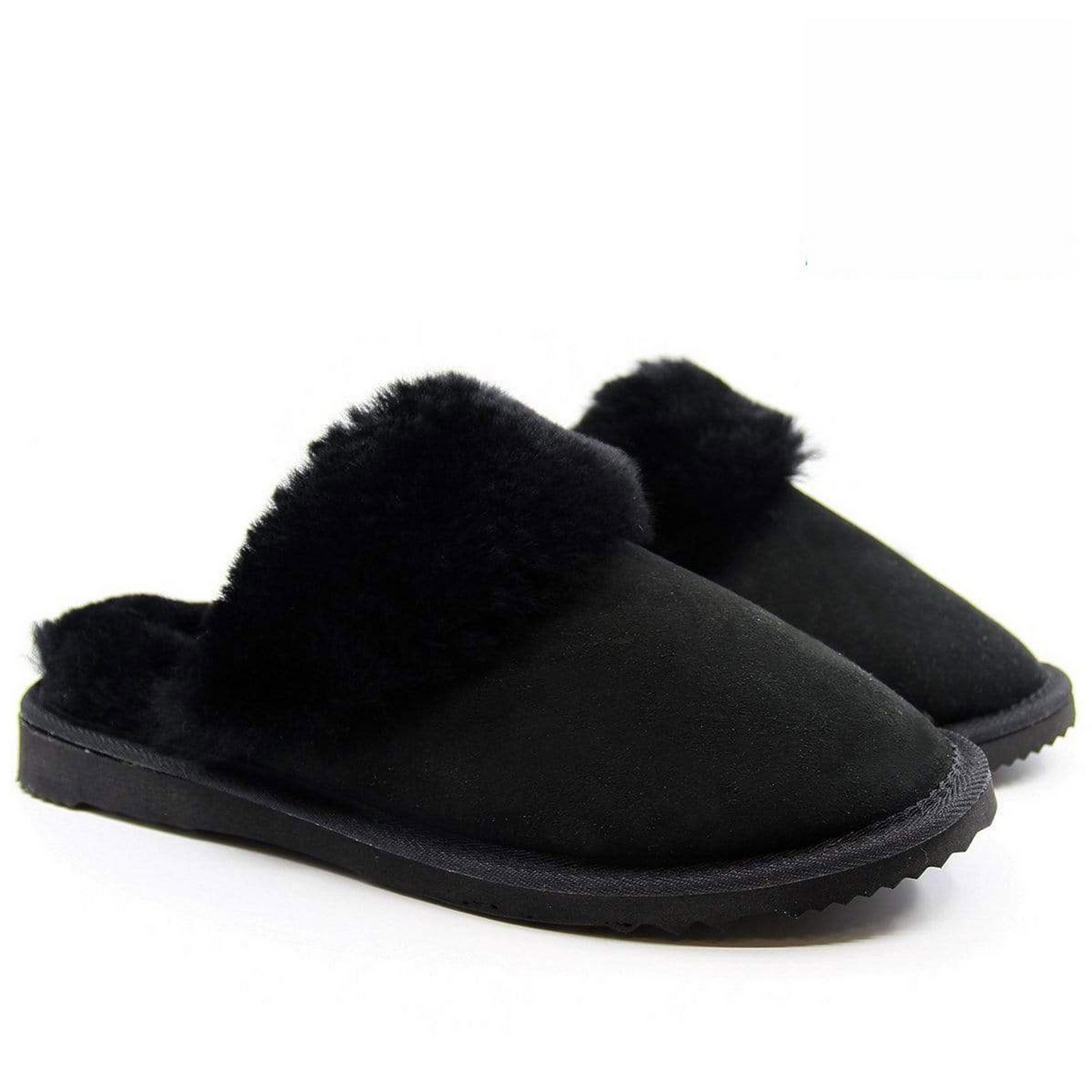 100 Sheepskin Womens Slippers Scuffs Slip On Winter Ugg Slippers In Black