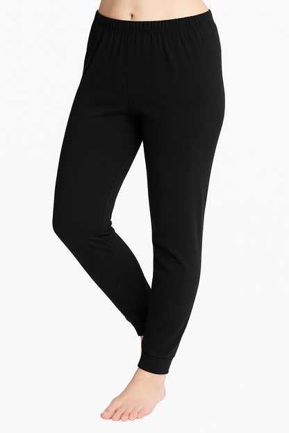 2pcs Set Womens Black Cotton Thermal Singlet Top & Long Jane Pants Underwear