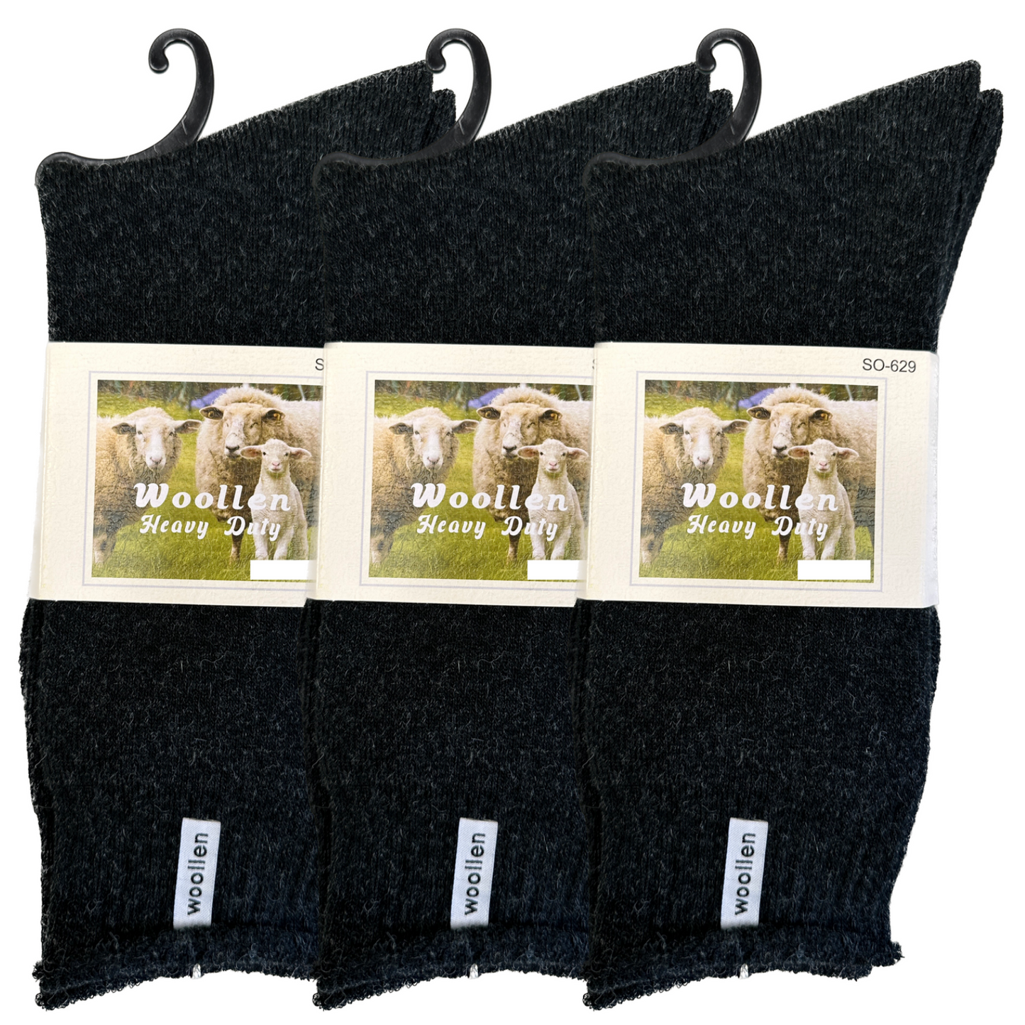 3 Pairs Premium Mens Wool Heavy Duty Thick Work Socks Cushion Woolen Black