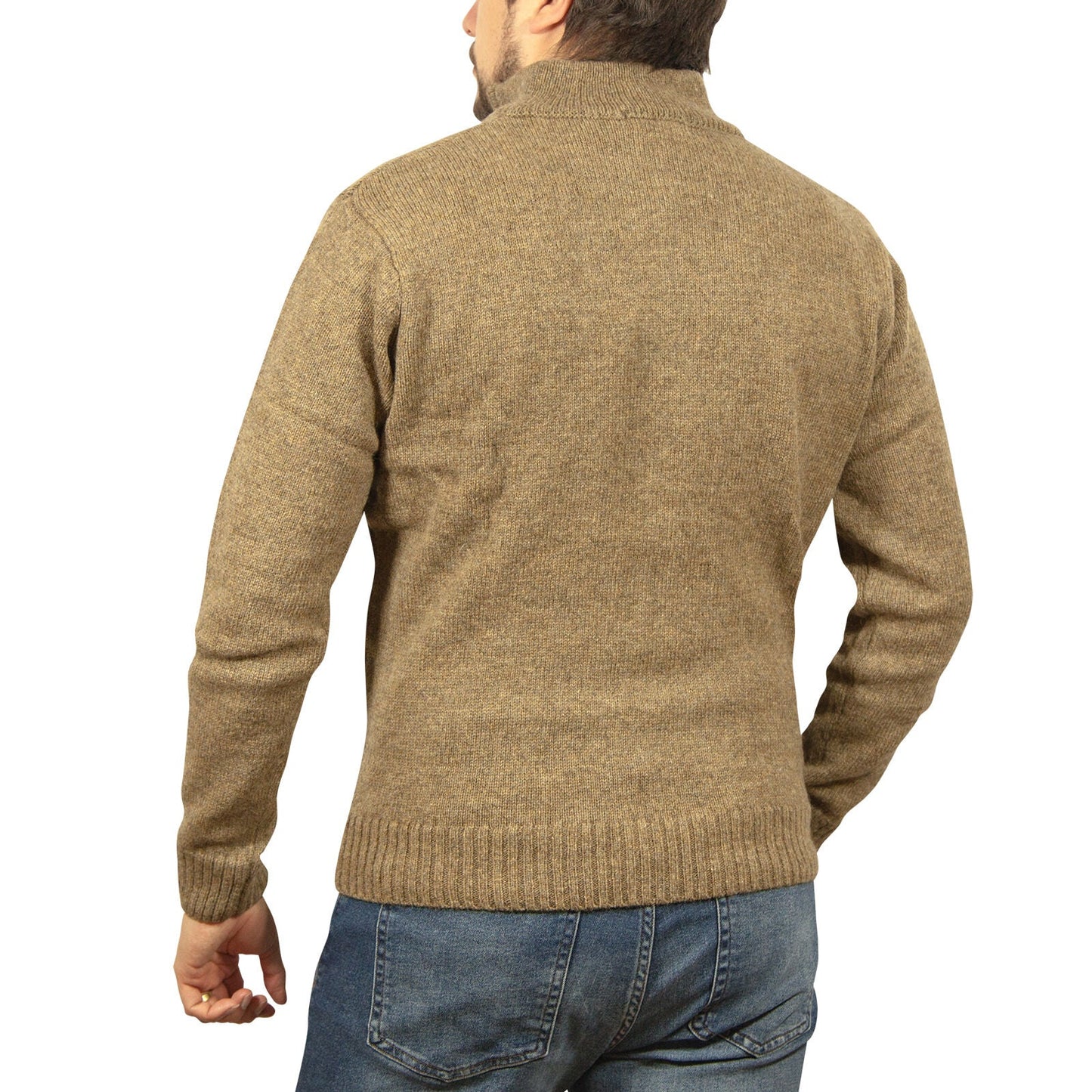 100 Shetland Ragg Wool Half Zip Up Knit Jumper Pullover Mens Sweater Knitted Nutmeg
