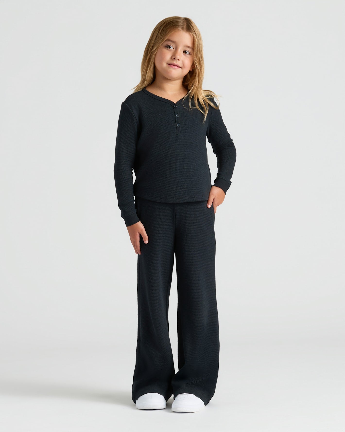 Girls Long Sleeve Boxy Waffle Henley 3-Pack