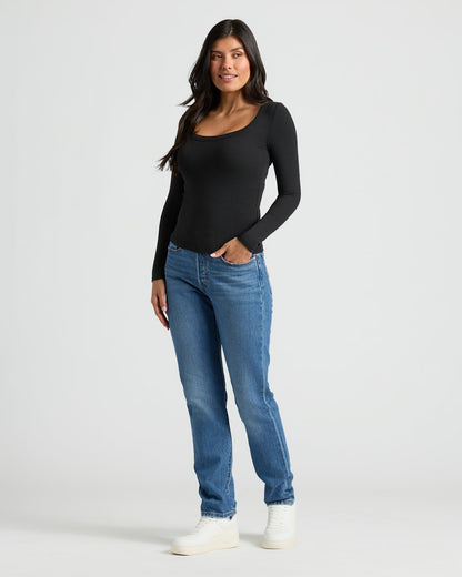 Womens Black Ribbed Long Sleeve Scoop Neck Tee