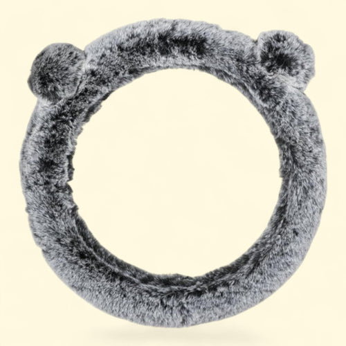 Auto Drive Steering Wheel Cover, Gray Fluffy Pom-Pom Ears, One Size