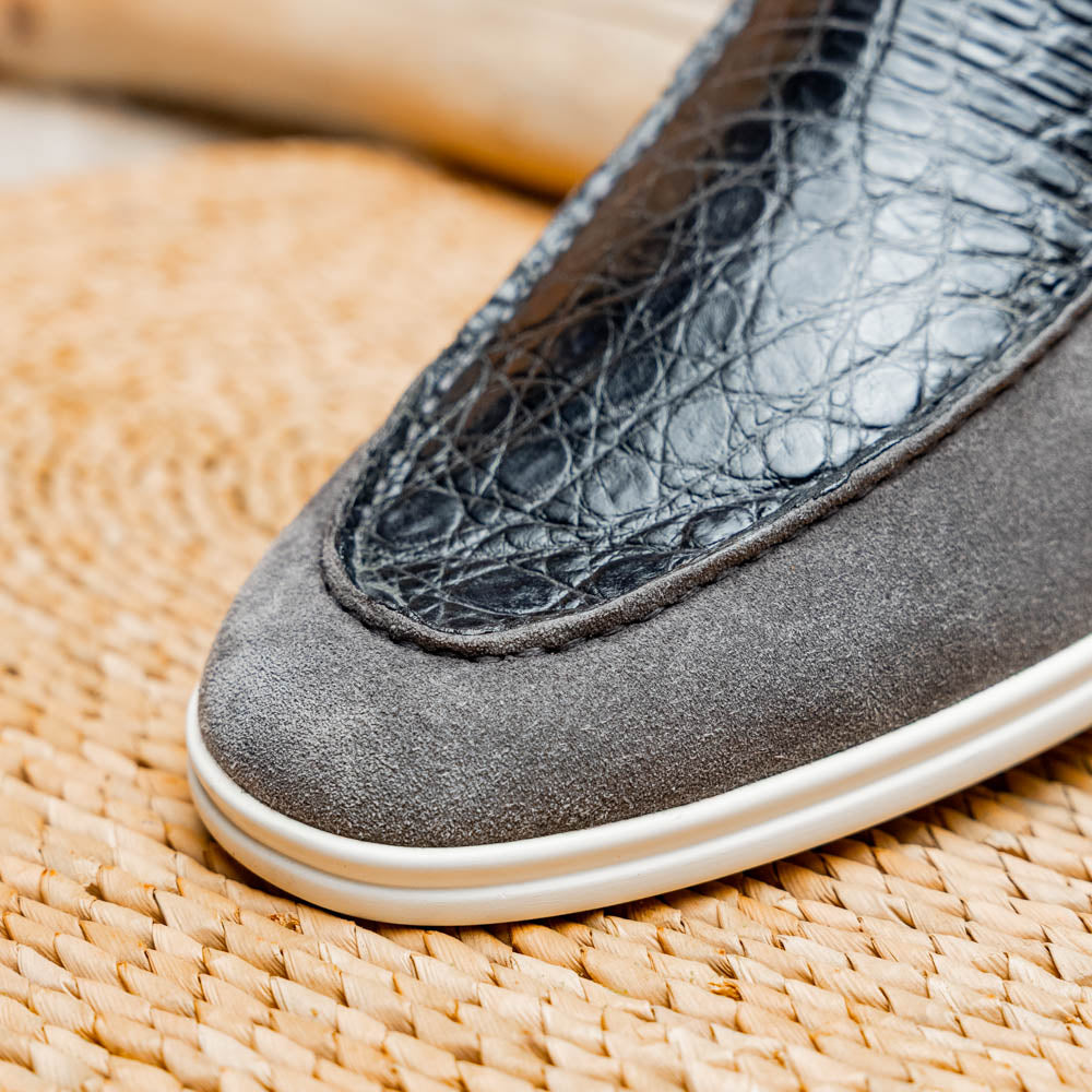11-603-GRY BENE Sueded Italian Goatskin & Crocodile Loafer Grey