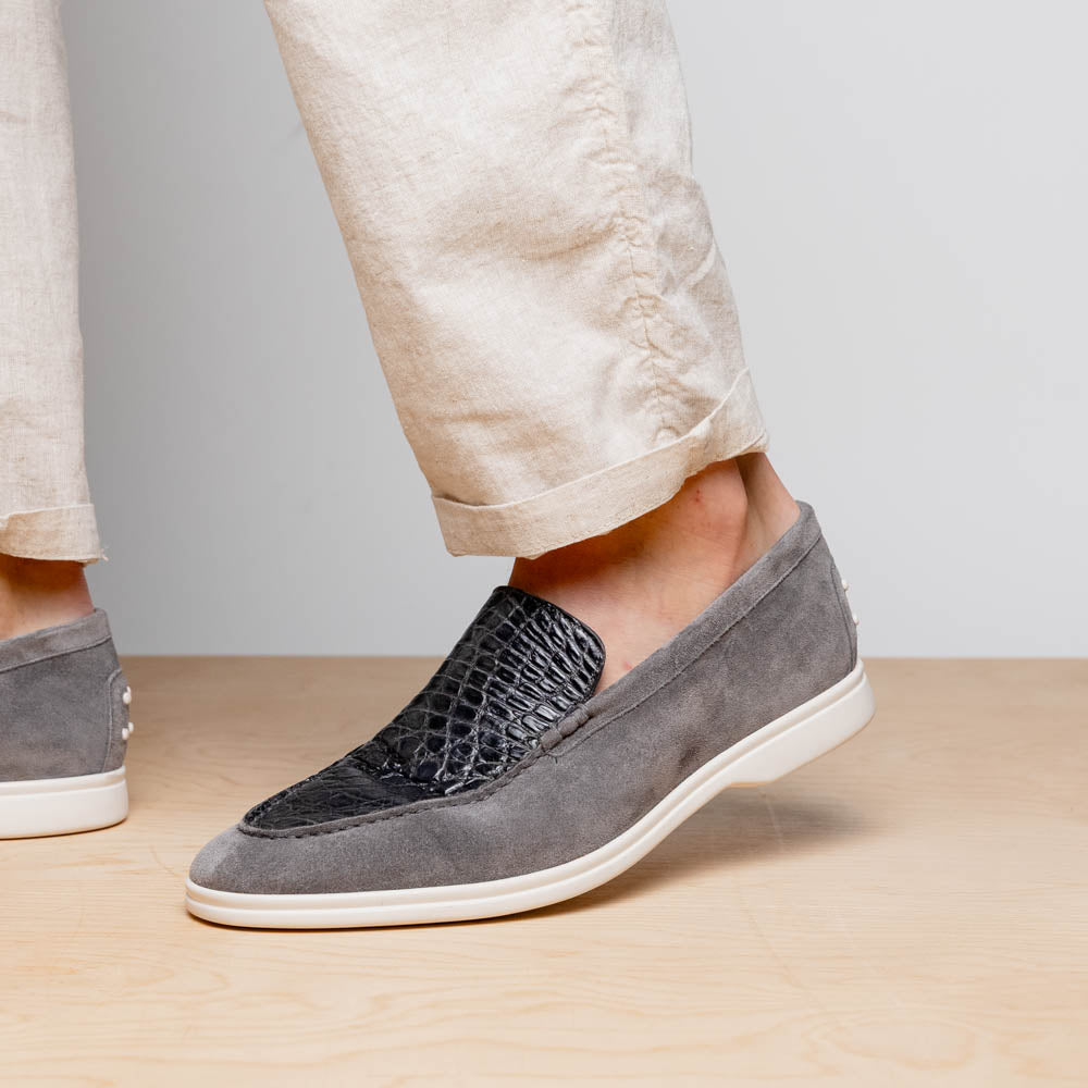 11-603-GRY BENE Sueded Italian Goatskin & Crocodile Loafer Grey