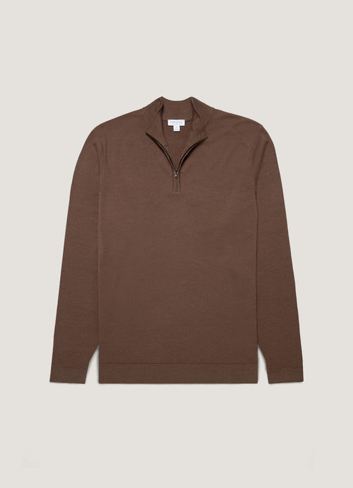 Mens Extra Fine Merino Zip Neck In Bark Mjum8116 Brgc