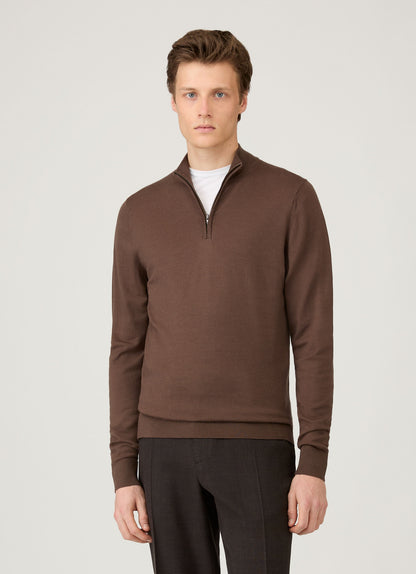 Mens Extra Fine Merino Zip Neck In Bark Mjum8116 Brgc