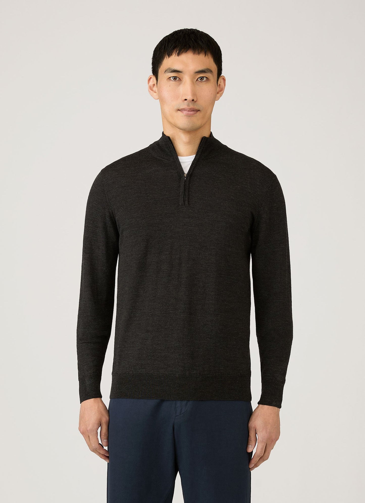 Mens Fine Merino Wool Zip Neck In Charcoal Melange
