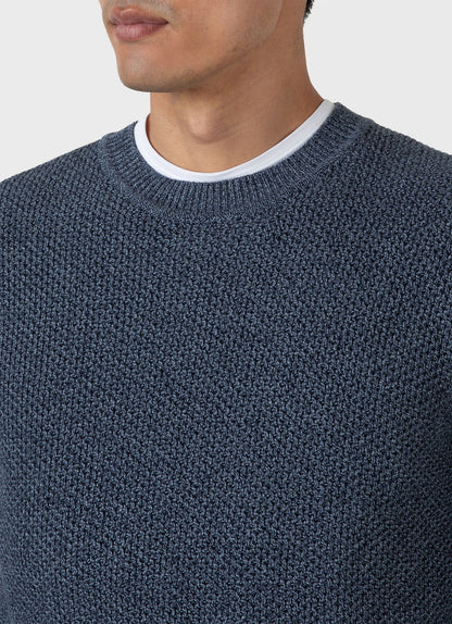 Mens Honeycomb Cotton Crew Neck Jumper In Indigo Mjum8207 Buvx