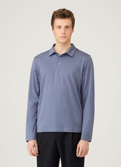 Mens Long Sleeve Classic Jersey Polo Shirt In Selvedge Blue Mpol1054 Buwf