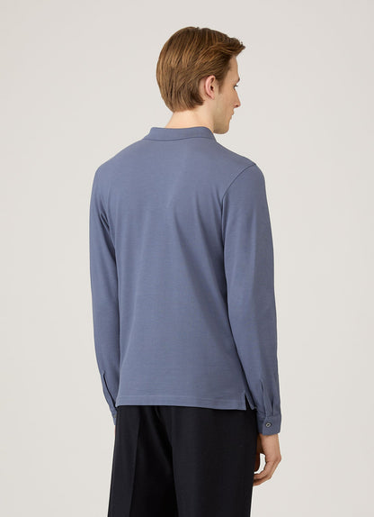 Mens Long Sleeve Pique Polo Shirt In Selvedge Blue Mpol1065 Buwf