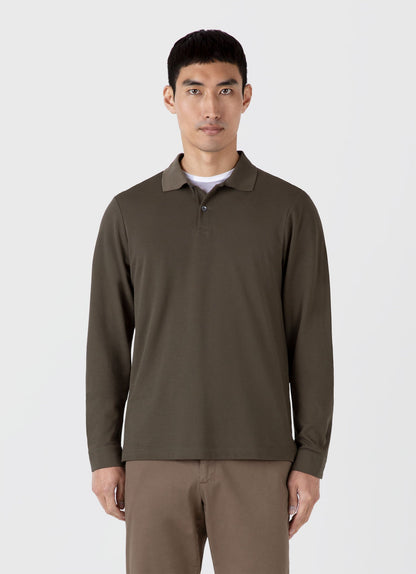 Mens Long Sleeve Pique Polo Shirt In Khaki Mpol1065 Gngy