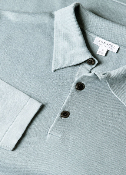 Mens Long Sleeve Sea Island Cotton Knit Polo Shirt In Stone Blue Mpol8047 Buwt