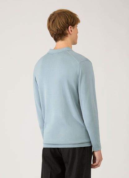 Mens Long Sleeve Sea Island Cotton Knit Polo Shirt In Stone Blue Mpol8047 Buwt
