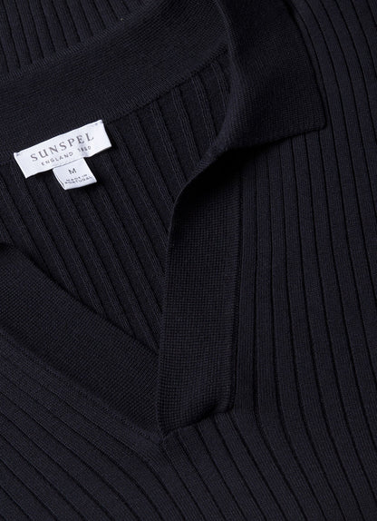 Men's Fine Rib Silk Cotton Polo in Navy