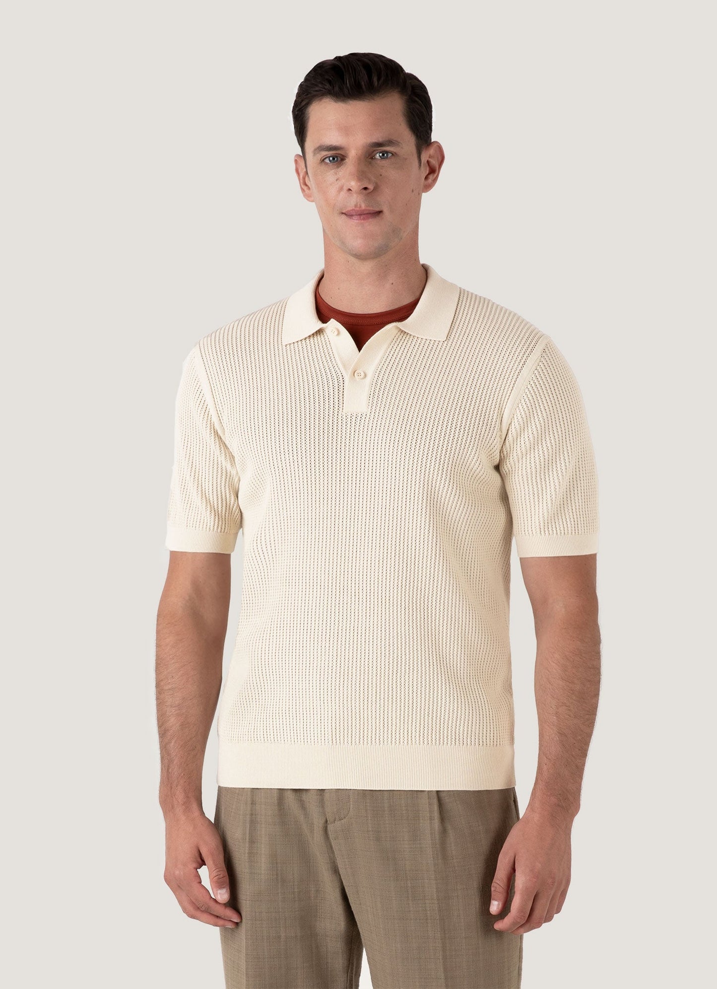 Mens Linear Mesh Knit Polo Shirt In Ecru Mpol8276 Whcr