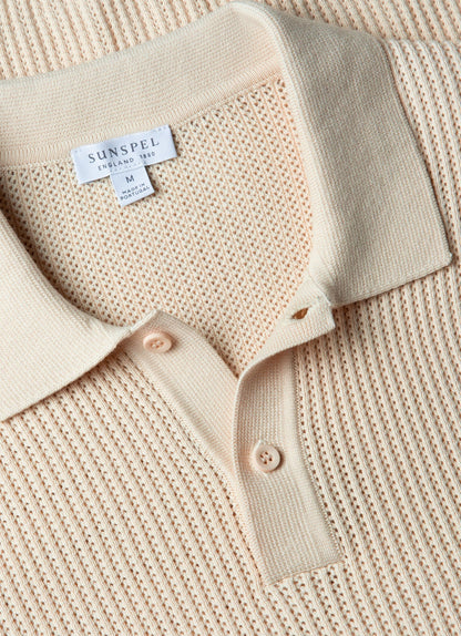 Mens Linear Mesh Knit Polo Shirt In Ecru Mpol8276 Whcr