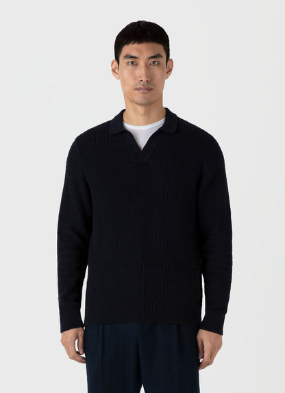 Mens Long Sleeve Textured Cotton Polo Shirt In Navy Mpol8277 Buaa
