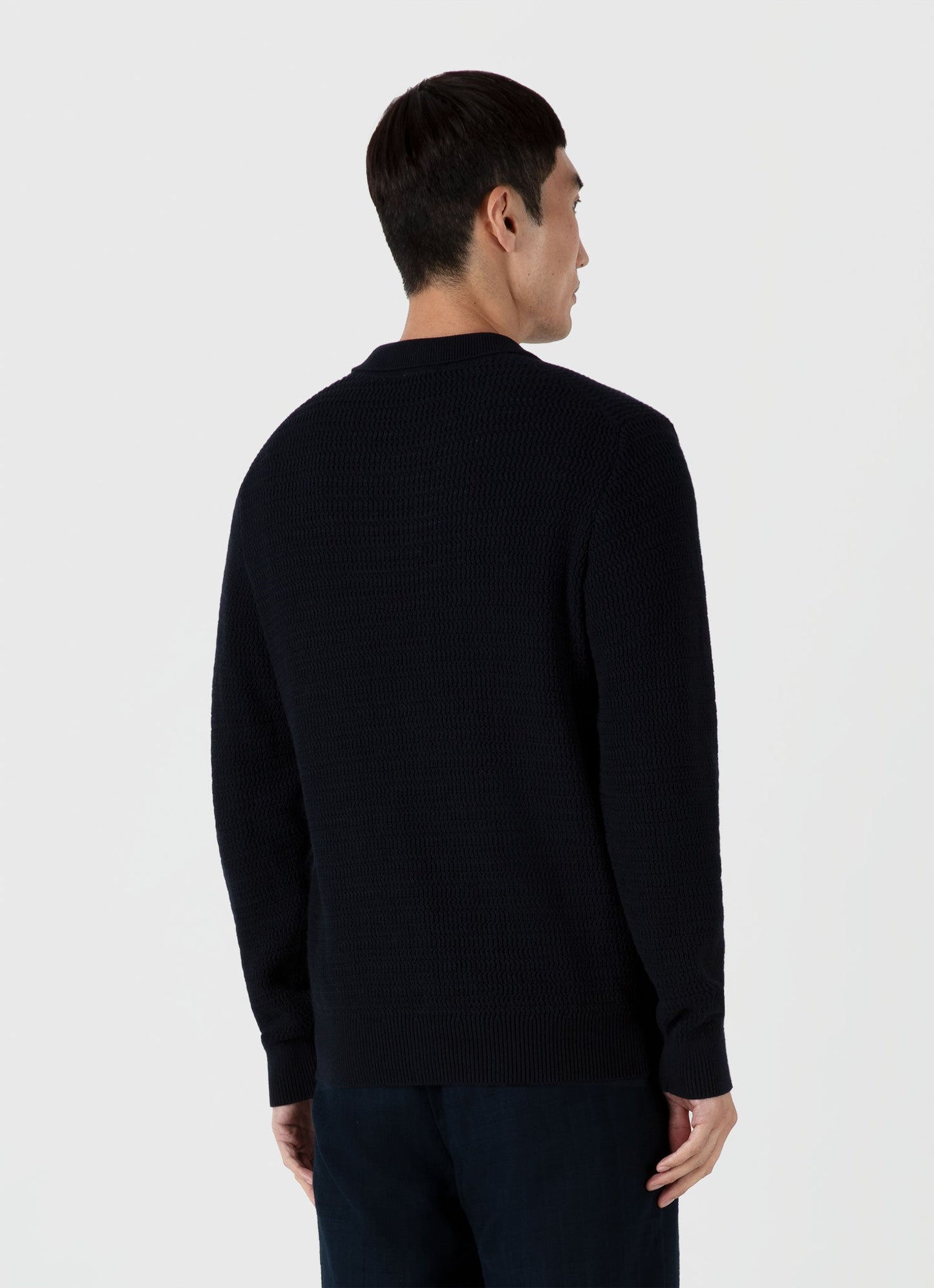 Mens Long Sleeve Textured Cotton Polo Shirt In Navy Mpol8277 Buaa