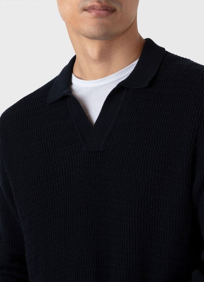 Mens Long Sleeve Textured Cotton Polo Shirt In Navy Mpol8277 Buaa