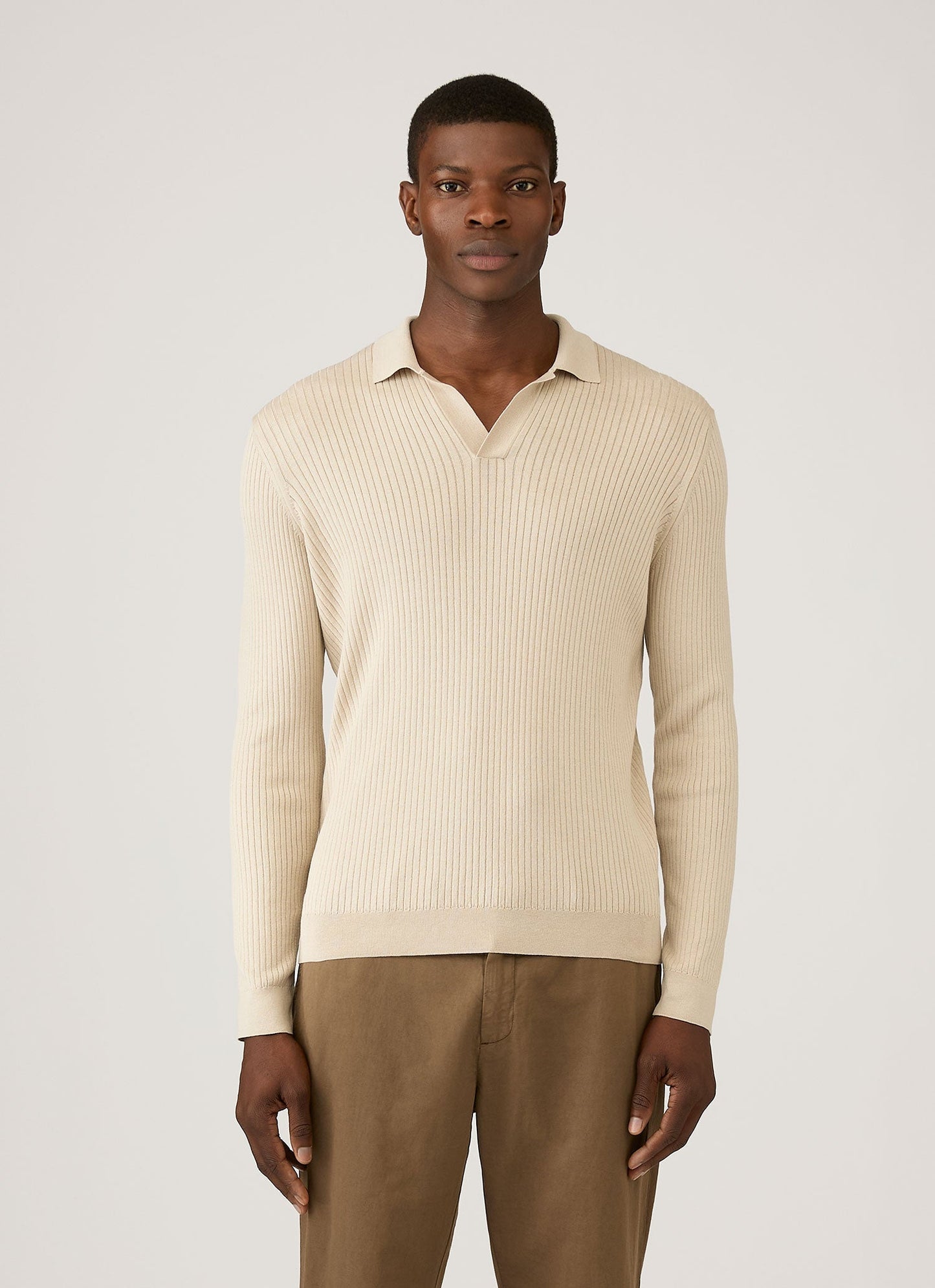 Mens Long Sleeve Fine Rib Silk Cotton Polo Shirt In Hazelwood Mpol8298 Brgt