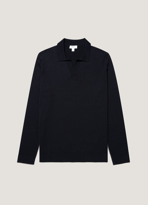 Mens Long Sleeve Fine Rib Silk Cotton Polo Shirt In Navy Mpol8298 Buaa