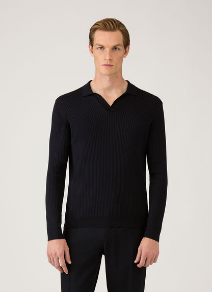 Mens Long Sleeve Fine Rib Silk Cotton Polo Shirt In Navy Mpol8298 Buaa