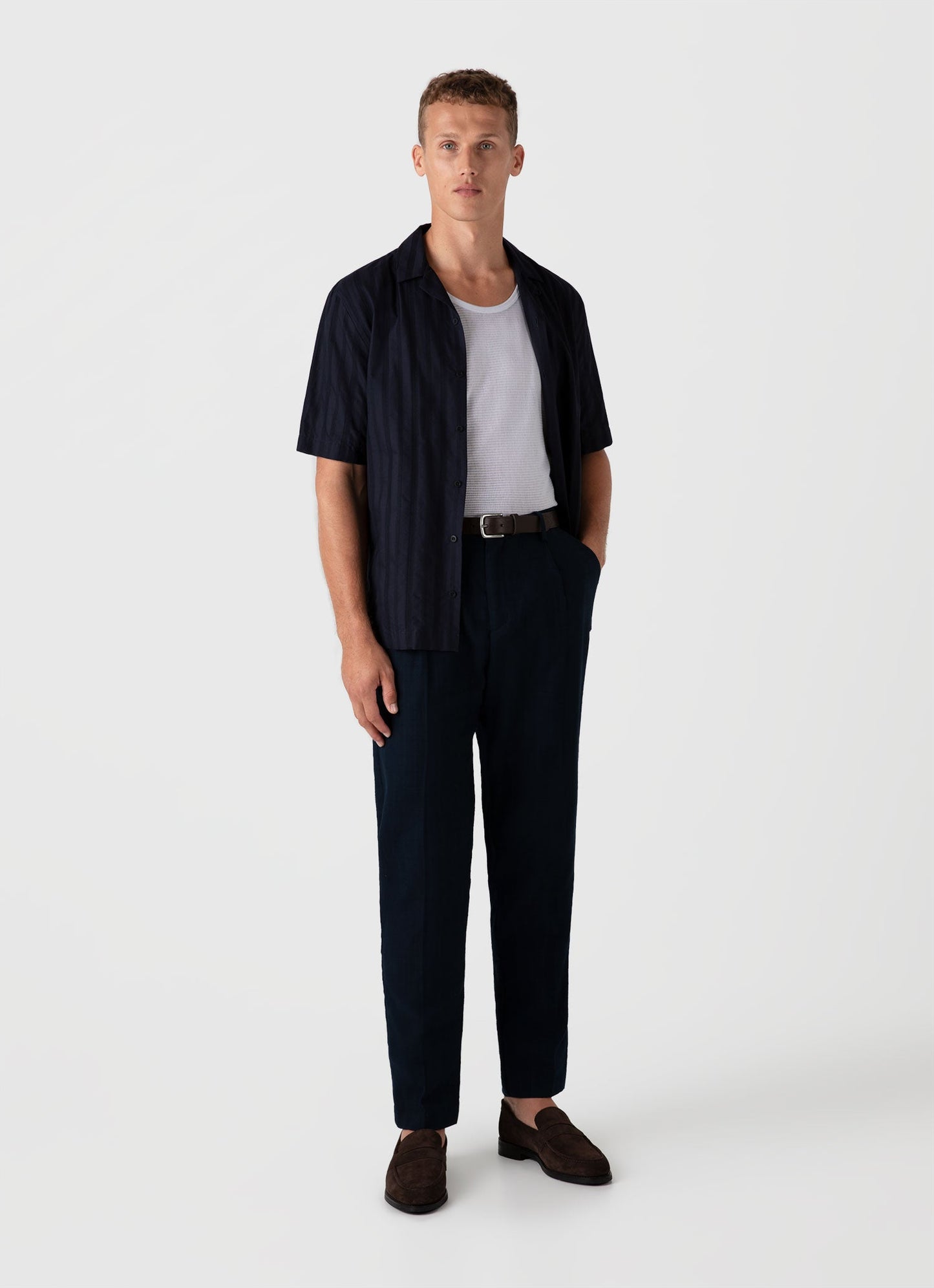 Mens Embroidered Stripe Camp Collar Shirt In Navy Msht2084 Buaa