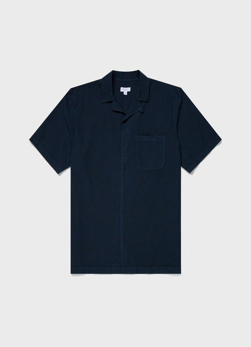 Mens Seersucker Camp Collar Shirt In Navy Msht2091 Buaa