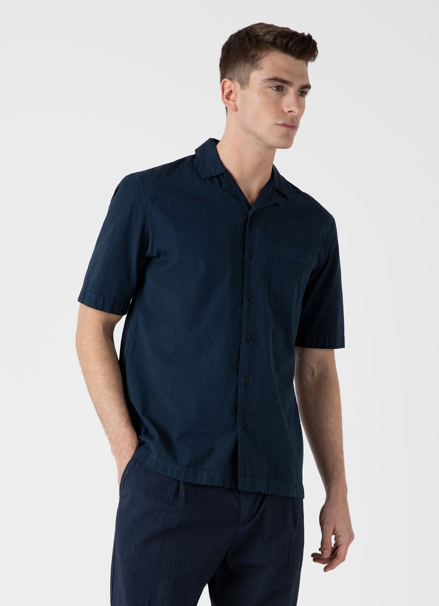 Mens Seersucker Camp Collar Shirt In Navy Msht2091 Buaa