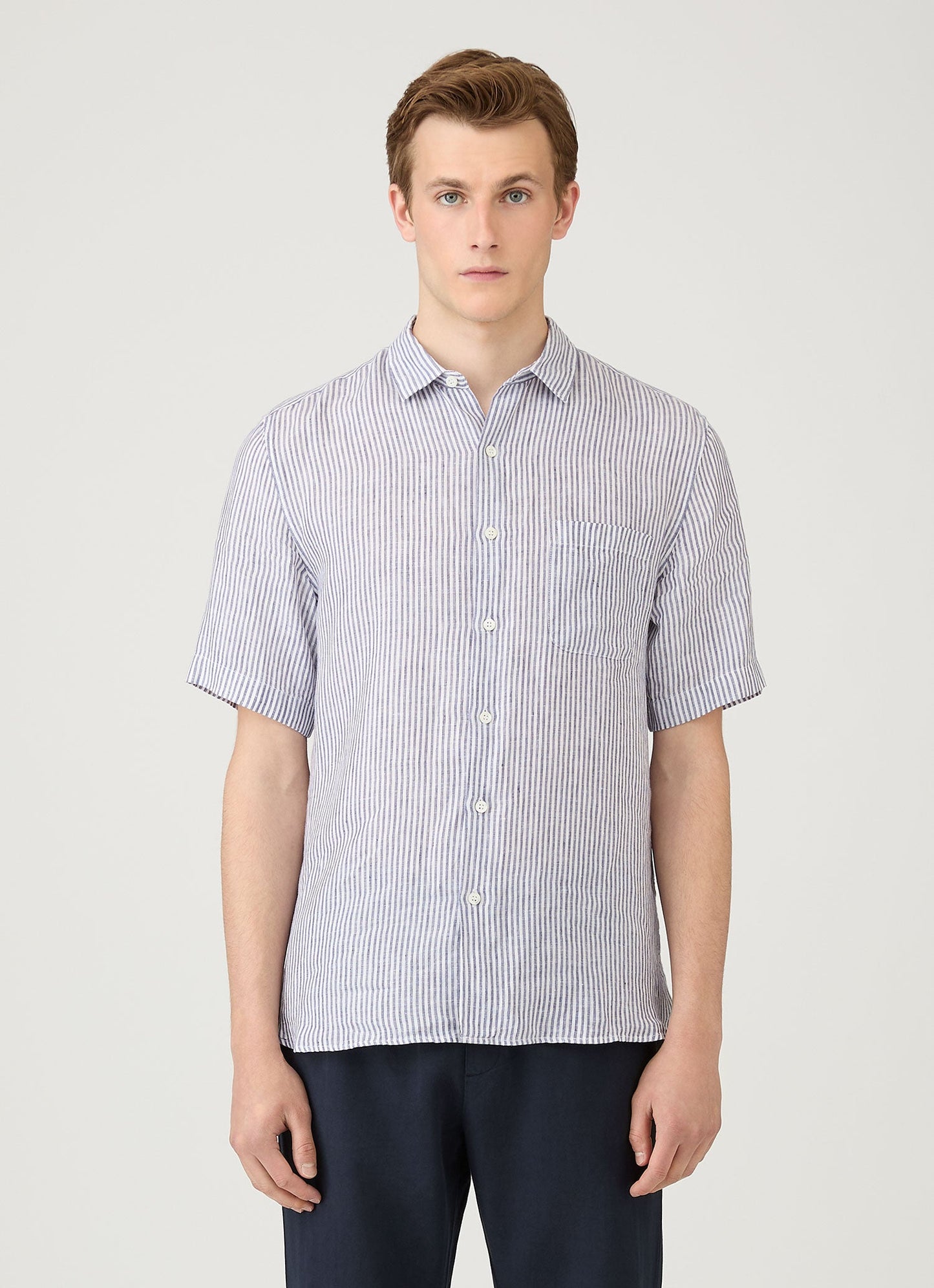Mens Short Sleeve Linen Shirt In White Navy Msht2119 Stoa