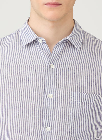 Mens Short Sleeve Linen Shirt In White Navy Msht2119 Stoa
