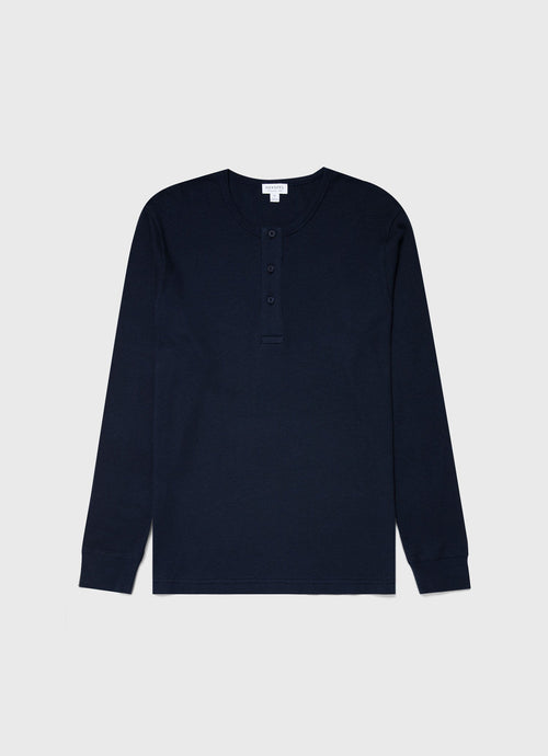Mens Long Sleeve Waffle Henley In Navy Mtsh0162 Buaa