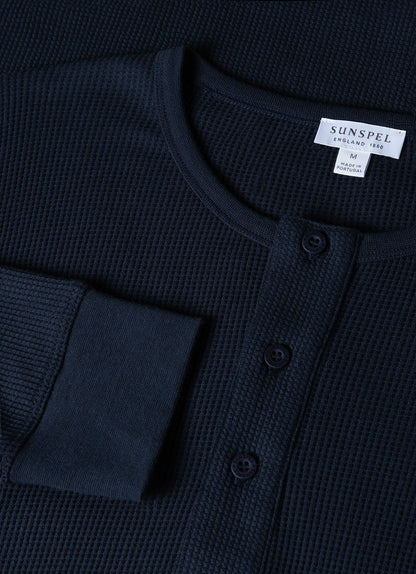 Mens Long Sleeve Waffle Henley In Navy Mtsh0162 Buaa