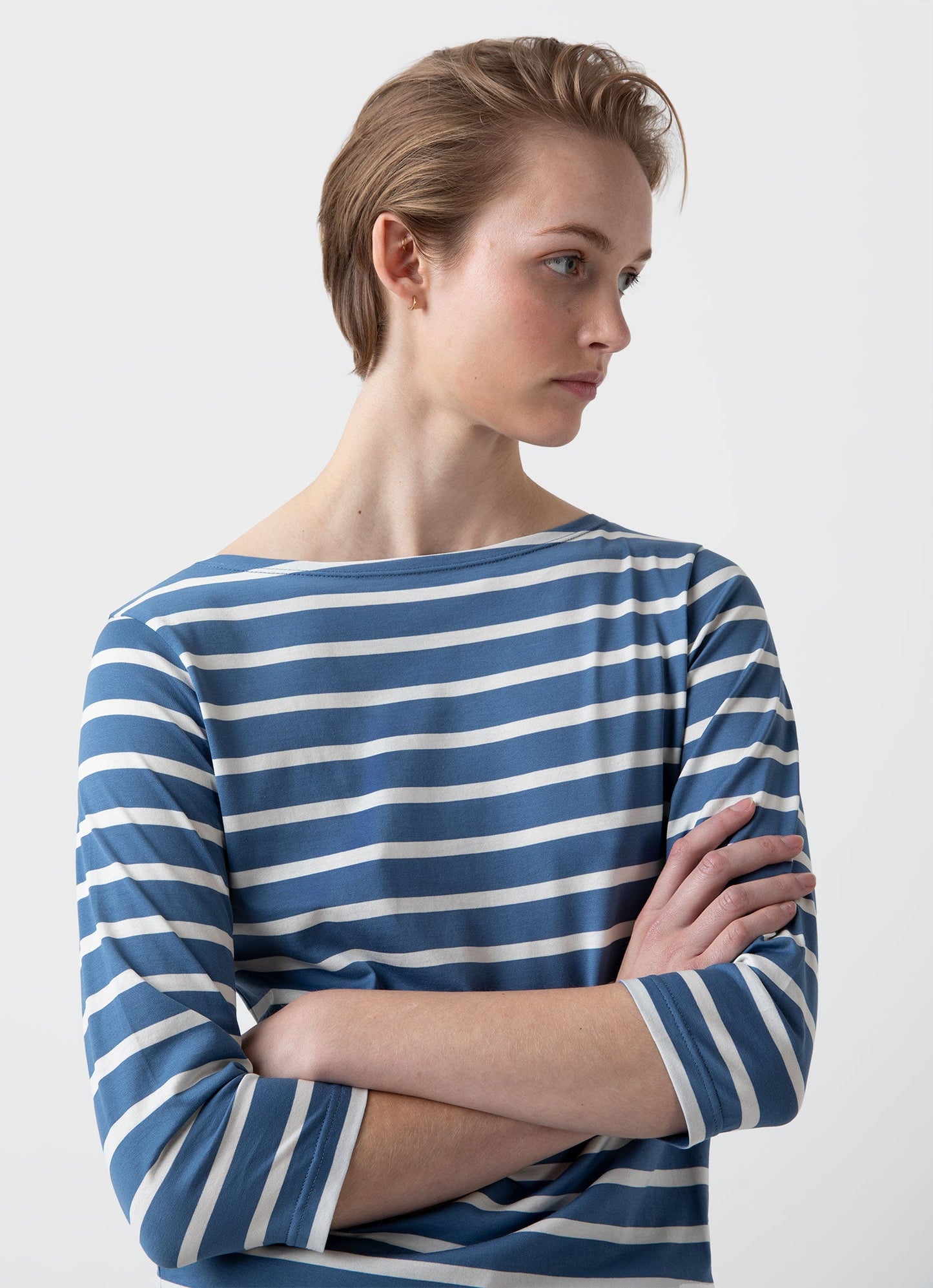 Womens 3 4 Sleeve Boat Neck T Shirt In Bluestone Ecru Breton Stripe Wtsh0003Brs Stkj